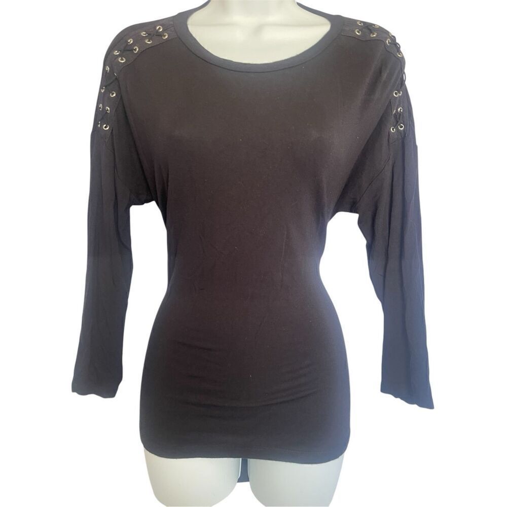 Retrology Lace Up Sleeve Black Top
